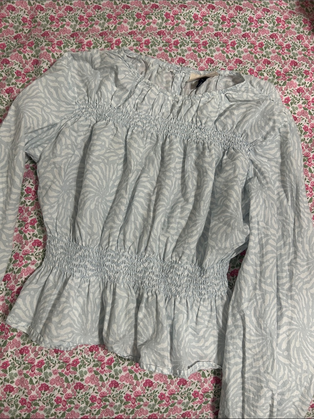 Universal Thread Light Blue Smocked Waist Long-Sleeve Blouse
